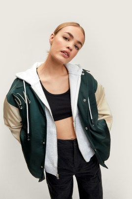 NASTY GAL Padded Colourblock Embroidered Satin Varsity Jacket ~ women’s green oversized fit American style jackets ~ womens on-trend casual outerwear - flipped