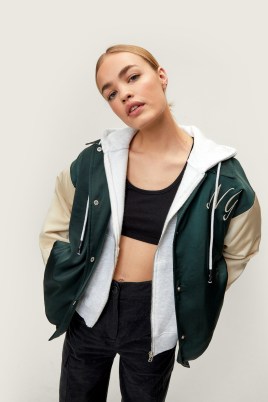 NASTY GAL Padded Colourblock Embroidered Satin Varsity Jacket ~ women’s green oversized fit American style jackets ~ womens on-trend casual outerwear