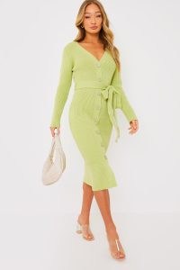 PERRIE SIAN GREEN KNITTED LONG SLEEVE MIDI DRESS – chic tie waist dresses