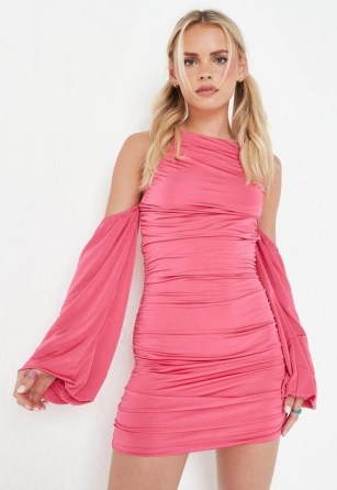 MISSGUIDED petite pink cut out ruched double layer slinky mini dress ~ balloon sleeve strappy back going out dresses