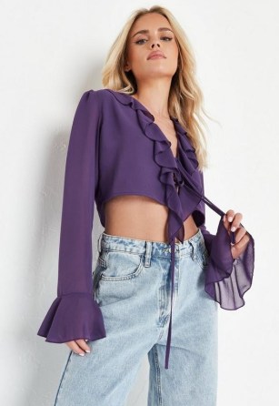 petite purple tie front ruffle cropped sheer blouse – ruffled crop hem blouses - flipped