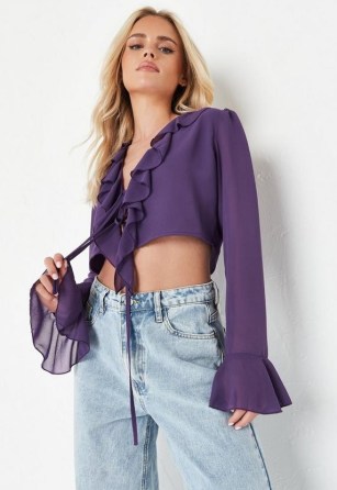 petite purple tie front ruffle cropped sheer blouse – ruffled crop hem blouses