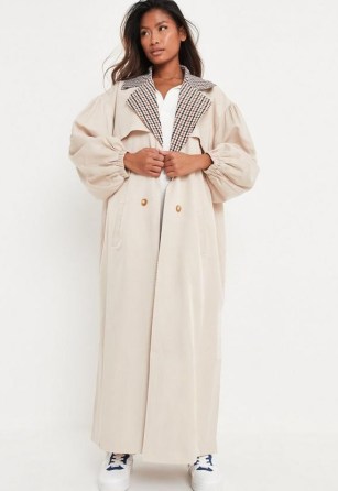 MISSGUIDED petite sand check collar balloon sleeve trench coat ~ women’s volume sleeved maxi coats - flipped