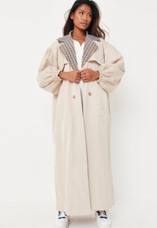 MISSGUIDED petite sand check collar balloon sleeve trench coat ~ women’s volume sleeved maxi coats