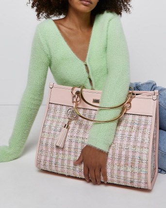 RIVER ISLAND PINK BOUCLE TOTE BAG ~ faux leather and textured fabric handbags ~ top handle bags - flipped