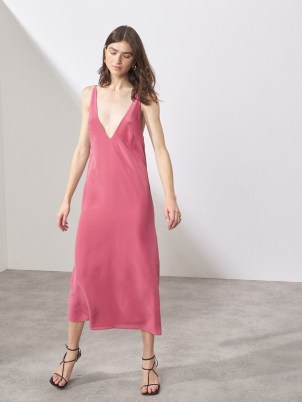 RAEY Bust-cup deep V-neck pink silk slip dress ~ deep front V-neck dresses ~ plunging neckline evening clothes - flipped