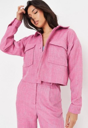 MISSGUIDED pink co ord boucle cropped jacket ~ women’s casual textured tweed style jackets - flipped
