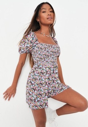 pink ditsy floral print puff sleeve shirred playsuit / women’s square neck summer playsuits - flipped