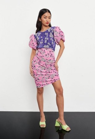 MISSGUIDED pink floral print contrast plisse mini dress ~ side ruched puff sleeved dresses - flipped