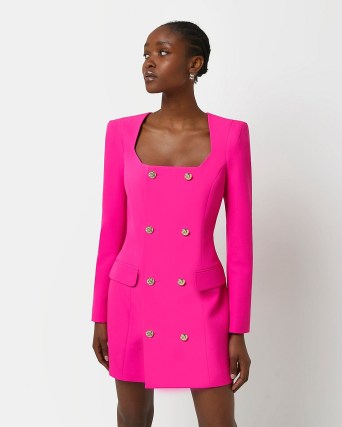 RIVER ISLAND PINK MINI BLAZER DRESS ~ long sleeved jacket style button detail dresses - flipped