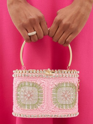 ROSANTICA Holli crystal-embellished crochet handbag in pink ~ small luxe occasion handbags