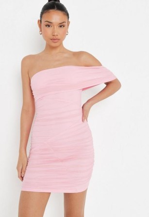 MISSGUIDED pink ruched mesh seam detail mini dress ~ off the shoulder going out dresses ~ asymmetric party fashion - flipped