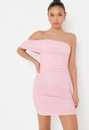 MISSGUIDED pink ruched mesh seam detail mini dress ~ off the shoulder going out dresses ~ asymmetric party fashion