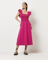 RIVER ISLAND PINK SHIRRED BROIDERY MIDI DRESS ~ women’s sleeveless frill detail dresses ~ womens summer fashion