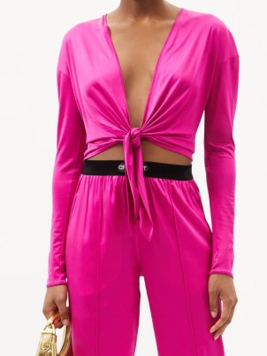 TOM FORD Tie-front satin-jersey top ~ women’s hot pink plunge front designer tops - flipped