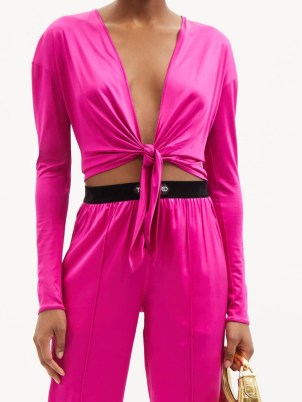 TOM FORD Tie-front satin-jersey top ~ women’s hot pink plunge front designer tops