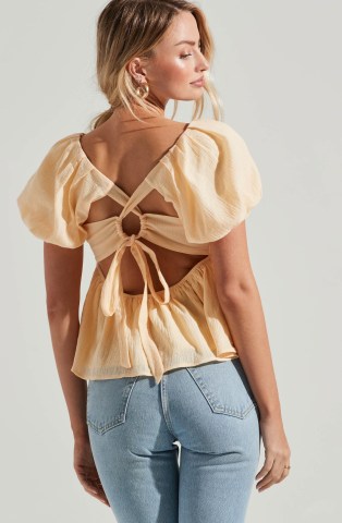 ASTR THE LABEL PLEATED BACK CUTOUT BUBBLE SLEEVE TOP – yellow puff sleeved open tie back tops – cut out summer clothes - flipped
