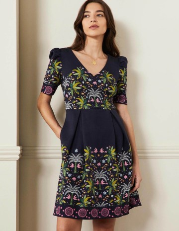 Boden Puff Shoulder Jersey Dress Navy Oriental Palm / tropical tree print puff sleeved dresses / women’s bird and floral print clothes - flipped