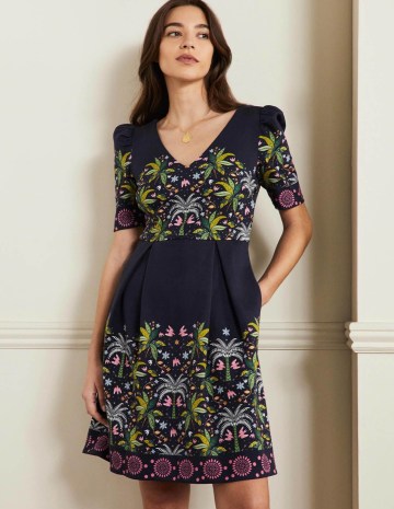 Boden Puff Shoulder Jersey Dress Navy Oriental Palm / tropical tree print puff sleeved dresses / women’s bird and floral print clothes