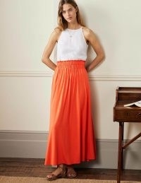 Boden Pull On Jersey Maxi Skirt Bright Papaya / long length orange skirts / women’s bright summer clothes