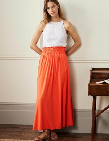 Boden Pull On Jersey Maxi Skirt Bright Papaya / long length orange skirts / women’s bright summer clothes