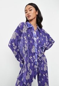 MISSGUIDED purple co ord floral print plisse shirt ~ women’s oversized daisy print shirts