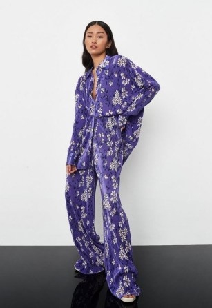MISSGUIDED purple co ord floral print plisse wide leg trousers - flipped