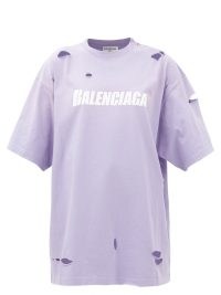 BALENCIAGA Logo-print distressed cotton-jersey T-shirt in lilac ~ women’s short sleeved oversized designer T-shirts ~ womens ripped tee