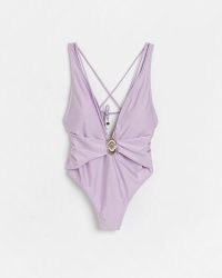 RIVER ISLAND PURPLE PLUNGE SWIMSUIT ~ deep V-neckline swimsuits ~ on-trend plunging swimswear ~ strappy front and back one-piece