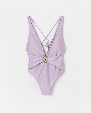 RIVER ISLAND PURPLE PLUNGE SWIMSUIT ~ deep V-neckline swimsuits ~ on-trend plunging swimswear ~ strappy front and back one-piece - flipped