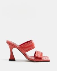 RIVER ISLAND RED LEATHER DOUBLE STRAP HEELED MULES ~ velcro fastening square toe sandals