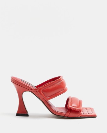 RIVER ISLAND RED LEATHER DOUBLE STRAP HEELED MULES ~ velcro fastening square toe sandals
