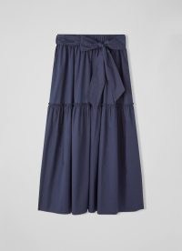 L.K. Bennett Rego Navy Cotton-Blend Tiered Skirt | dark blue tie waist midi skirts | women’s summer clothes