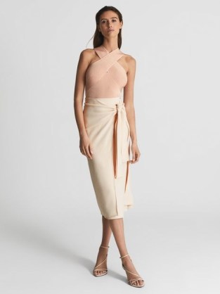 REISS ALISON Tie Waist Midi Pencil Skirt Cream ~ chic wrap effect skirts ~ summer occasion clothes