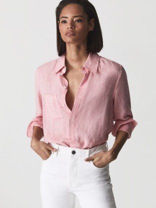 Reiss CAMPBELL Linen Shirt Pink – womens lightweight summer shirts - flipped