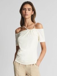 REISS CIERRA Off-Shoulder Strap Top Cream ~ chic asymmetric tops ~ contemporary asymmetrical clothes