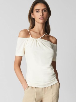 REISS CIERRA Off-Shoulder Strap Top Cream ~ chic asymmetric tops ~ contemporary asymmetrical clothes - flipped
