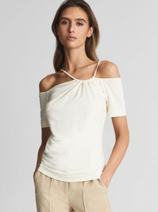REISS CIERRA Off-Shoulder Strap Top Cream ~ chic asymmetric tops ~ contemporary asymmetrical clothes