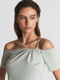 CIERRA Off-Shoulder Strap Top in Mint ~ green bardot tops with skinny straps ~ chic contemporary clothes
