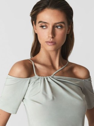 CIERRA Off-Shoulder Strap Top in Mint ~ green bardot tops with skinny straps ~ chic contemporary clothes - flipped