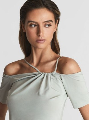 CIERRA Off-Shoulder Strap Top in Mint ~ green bardot tops with skinny straps ~ chic contemporary clothes