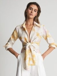 REISS CORINNE PRINT Linen Printed Tie Waist Shirt Blouse Yellow / women’s retro floral print summer shirts / chic collared blouses
