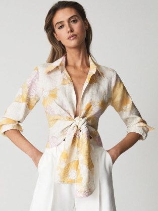 REISS CORINNE PRINT Linen Printed Tie Waist Shirt Blouse Yellow / women’s retro floral print summer shirts / chic collared blouses - flipped
