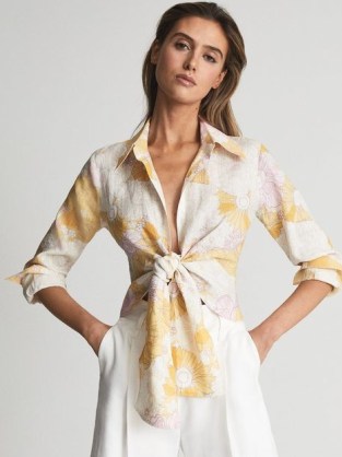 REISS CORINNE PRINT Linen Printed Tie Waist Shirt Blouse Yellow / women’s retro floral print summer shirts / chic collared blouses