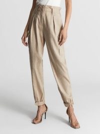 REISS DORA Linen Cargo Trousers Neutral ~ women’s smart tapered cuffed hem side pocket detail trousers