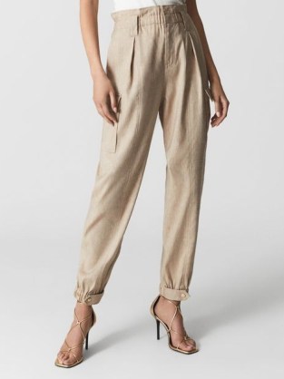 REISS DORA Linen Cargo Trousers Neutral ~ women’s smart tapered cuffed hem side pocket detail trousers - flipped
