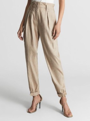 REISS DORA Linen Cargo Trousers Neutral ~ women’s smart tapered cuffed hem side pocket detail trousers