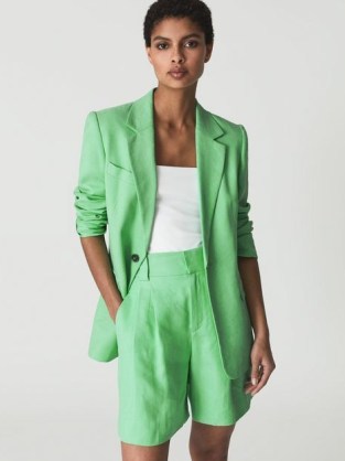 REISS GRACEY Single Breasted Blazer Green ~ women’s vibrant linen blend blazers ~ womens bright summer jackets - flipped