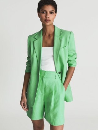 REISS GRACEY Single Breasted Blazer Green ~ women’s vibrant linen blend blazers ~ womens bright summer jackets