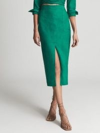 REISS JACKSON PLAIN Plain Pencil Skirt Green ~ green linen front slit midi skirts